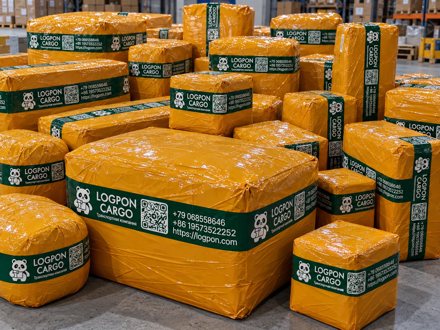 Разные формы грузовых упаковок с зелёной лентой LOGPON CARGO